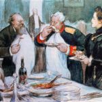 Друзья разом пошли к большому столу, уставленному водками и самыми разнообразными закусками. Л.Н.Толстой, «Анна Каренина», 1877